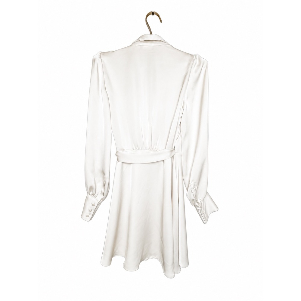 Babaton Satin Wrap Mini Dress Ivory 2XS Shawl Collar Tie Waist Long Sleeve - Picture 3 of 8
